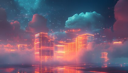 Fototapeta premium A futuristic cityscape illuminated by vibrant neon lights, emerging from ethereal clouds under a starry sky. The image conveys a sense of innovation and technological advancement.