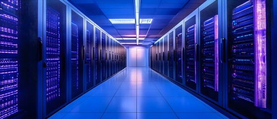 Fototapeta premium A futuristic data center corridor lined with rows of glowing servers, showcasing advanced technology and innovation in a digital environment.