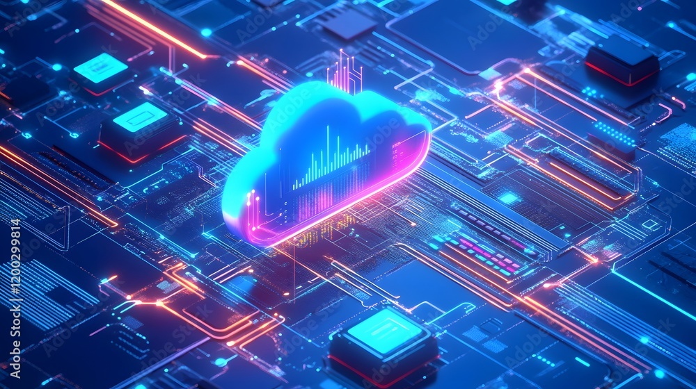 Poster a futuristic digital illustration showcasing a glowing cloud symbol interconnected with circuitry an