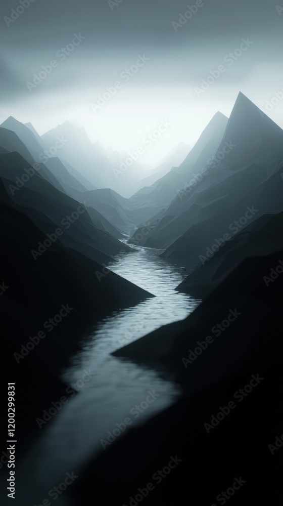 Poster a mountain range with a river running through it