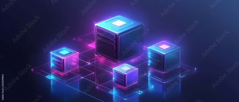 Poster a futuristic digital network illustrating 3d cubes connected in vibrant neon colors, symbolizing dat