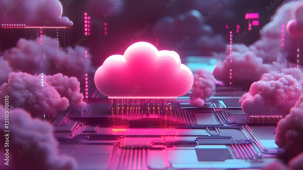 Poster a futuristic representation of cloud computing, featuring a pink cloud hovering above a circuit boar