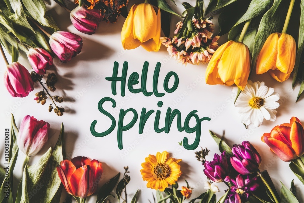 Poster a card featuring the text hello spring alongside pretty flowers on a pristine white background