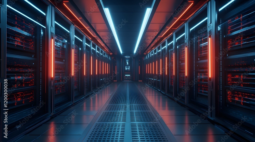 Poster a futuristic server room with rows of computer servers illuminated by vibrant blue and red lights, s