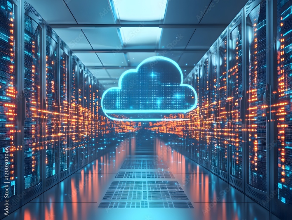 Poster a futuristic server room featuring advanced data storage with glowing servers. a digital cloud symbo