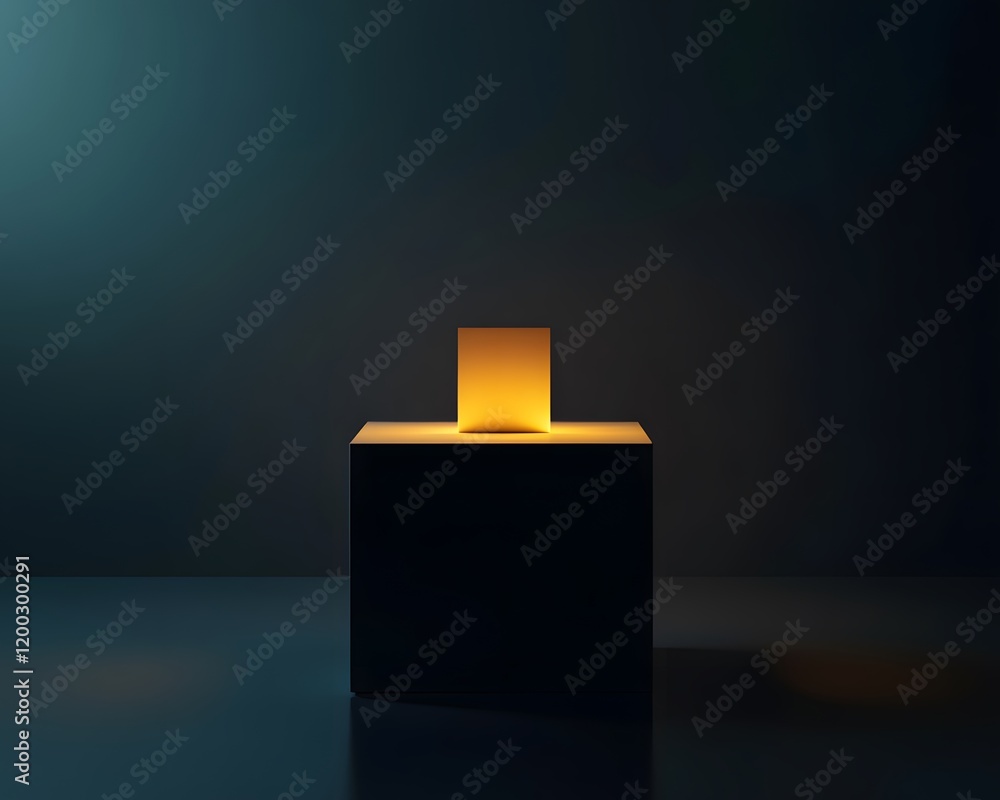 Poster a minimalist geometric design featuring a glowing cube and a block against a dimly lit backdrop, sym
