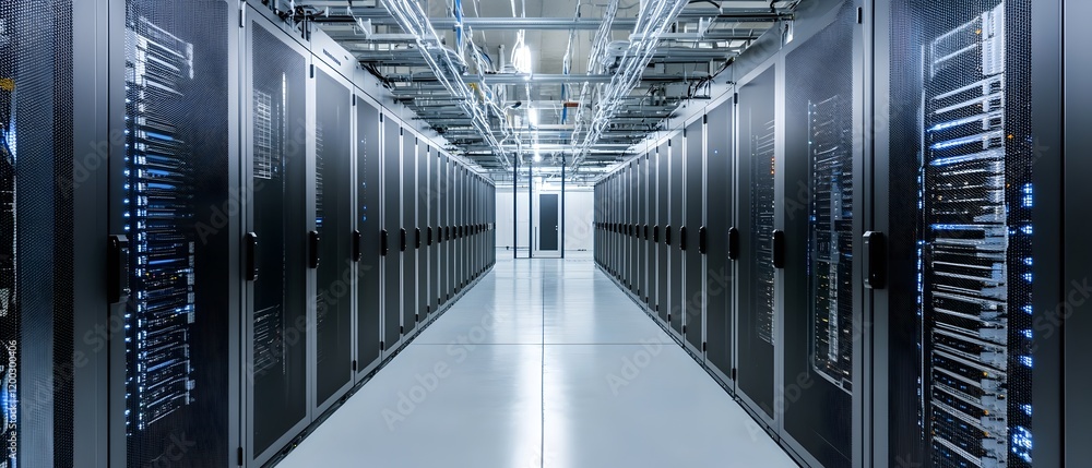 Poster a modern data center showcasing rows of sleek server racks