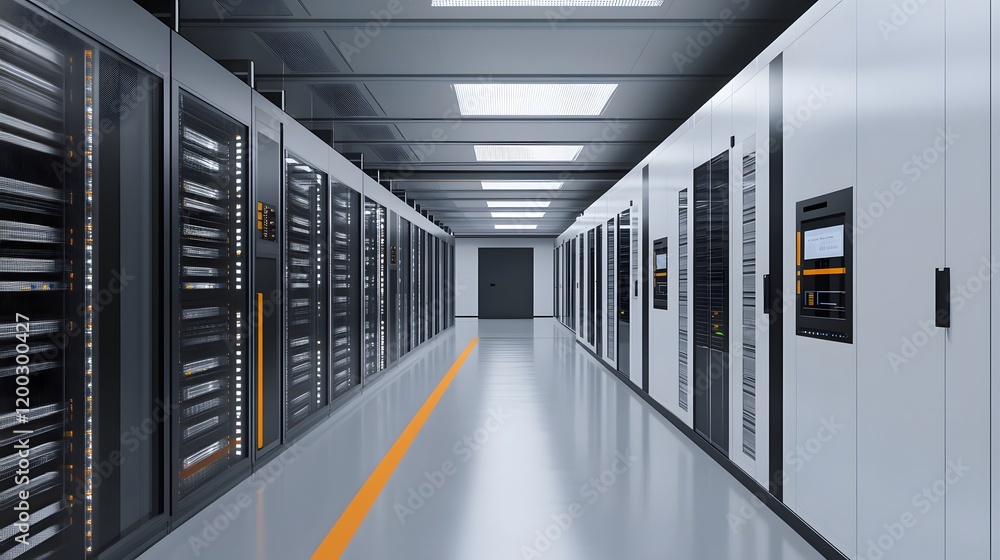 Poster a modern data center showcasing rows of powerful servers in a high-tech environment. bright lighting