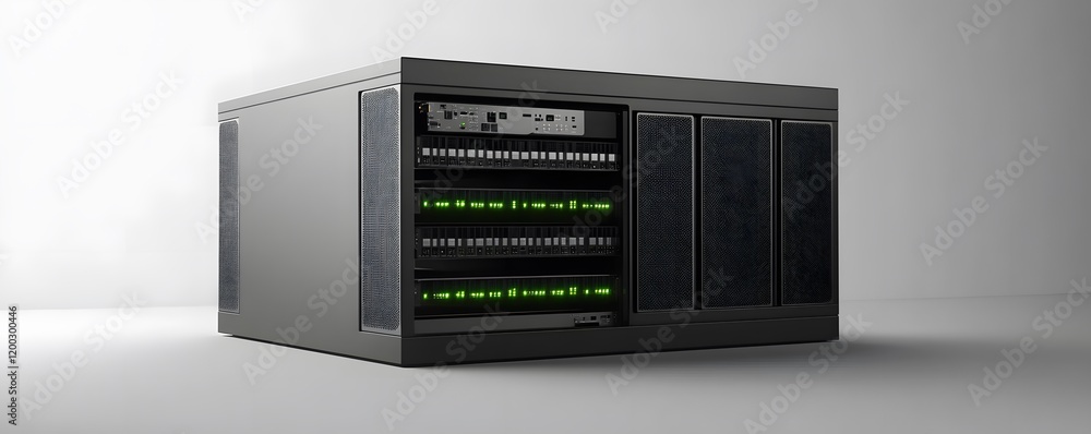 Poster a modern data server with intricate hardware, featuring multiple storage drives and glowing indicato
