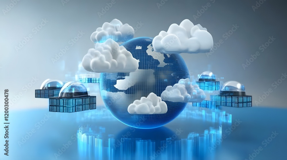 Poster a modern digital representation of a globe surrounded by clouds and futuristic data structures, symb