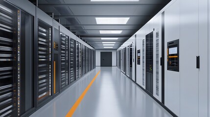 A modern data center showcasing rows of powerful servers in a high-tech environment. Bright lighting enhances the sleek, organized layout, illustrating efficiency and innovation.