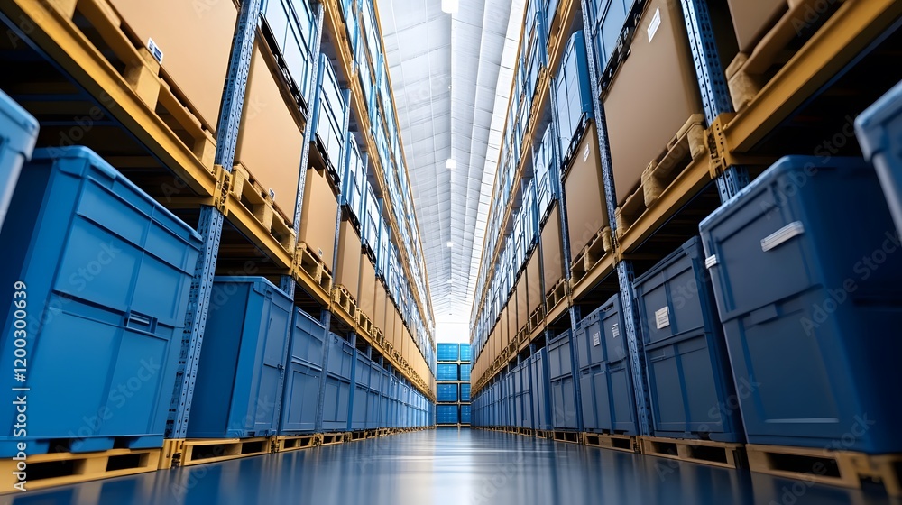Poster a modern warehouse interior with rows of organized storage boxes and shelves, showcasing a functiona