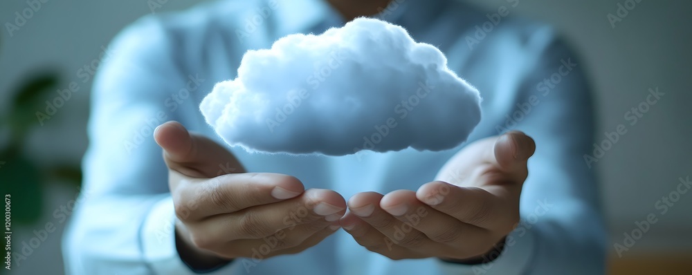 Poster a person holding a cloud symbolizing cloud computing, representing innovation and technology in mode