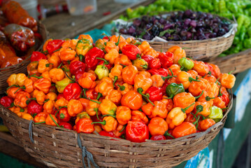 Peppers for sale at a stand.