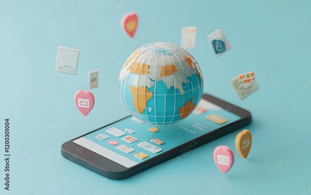 Poster a smartphone displaying a globe and various social media icons, symbolizing global connectivity and 