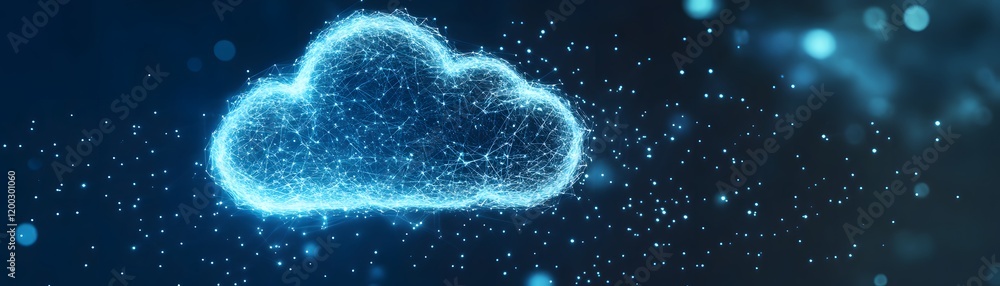 Poster a striking digital representation of a cloud composed of shimmering particles, symbolizing cloud com