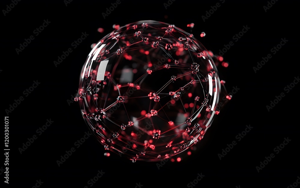 Poster a striking digital representation of a molecular structure, featuring dynamic red particles and a sp