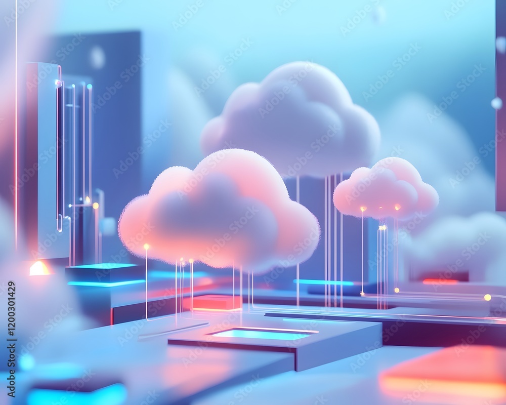 Poster a surreal digital landscape featuring colorful clouds and futuristic structures. neon lights enhance