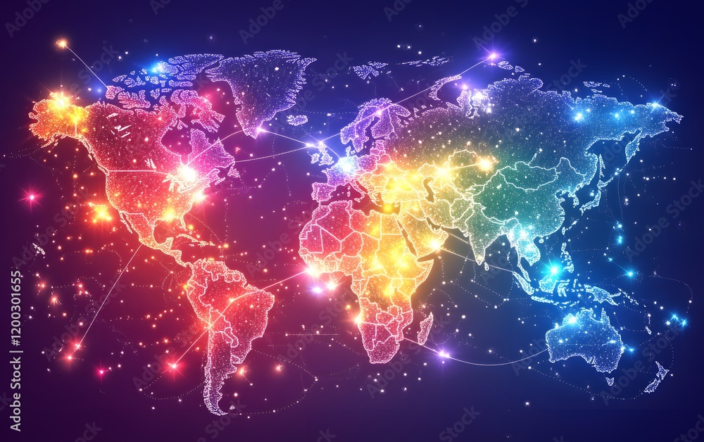 Poster a vibrant, illuminated world map showcasing global connectivity through colorful nodes and lines, re