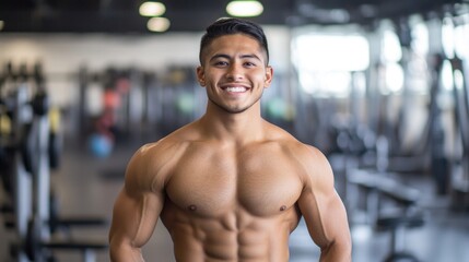 Confident smiling Hispanic man standing in well-equipped gym showing off muscular physique in a vibrant setting
