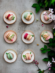 French sweet macaroons colorful variety on a concrete background with spring blossom