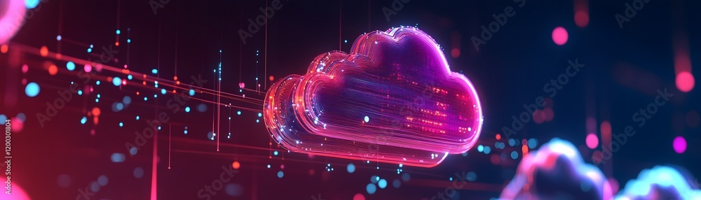 Poster a vibrant and futuristic cloud design featuring radiant colors and digital particles. this image sym