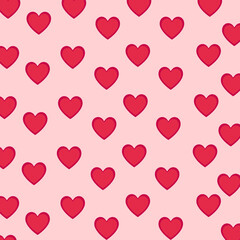 Seamless pattern with hand drawn cute red hearts on pink background, vector illustration.