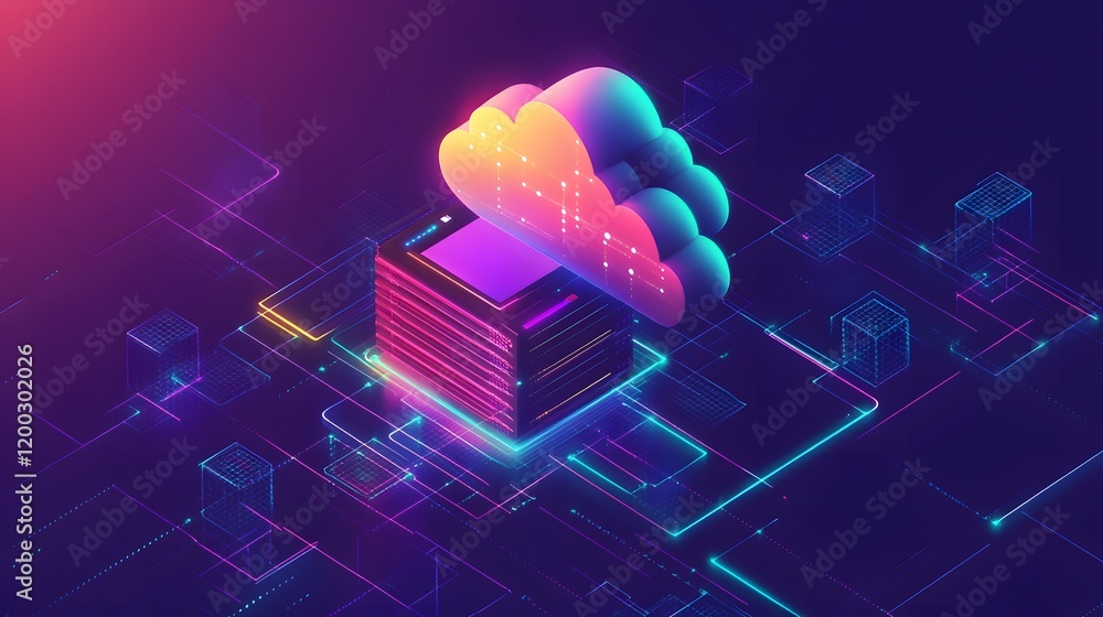 Poster a vibrant digital illustration depicting cloud computing technology with colorful cloud and server e