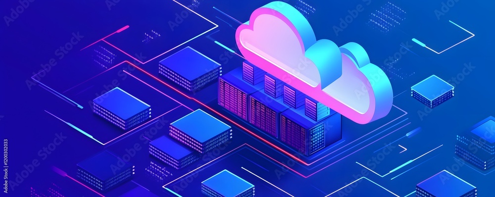 Poster a vibrant digital illustration depicting cloud computing with abstract server icons and interconnect