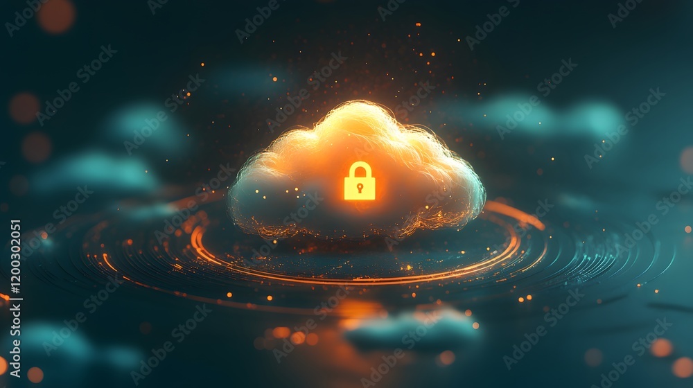 Poster a vibrant digital illustration of a cloud symbol featuring a glowing padlock, showcasing concepts of