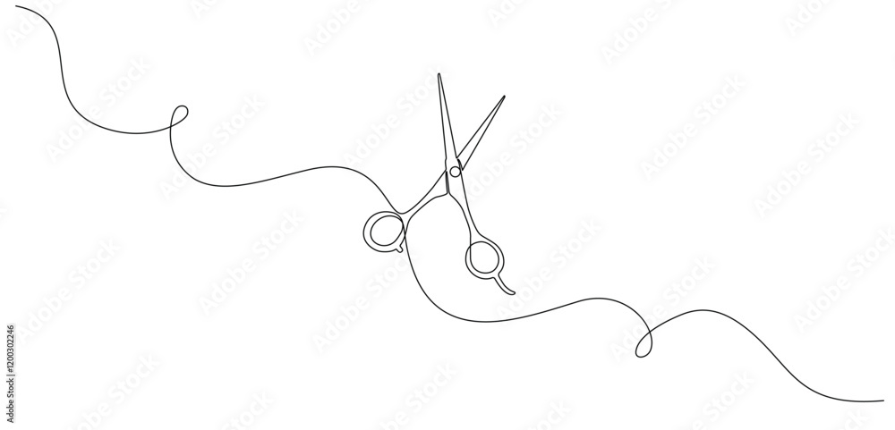 Poster continuous line drawing of hair scissors in a simple linear style. great for a hair salon logo or we