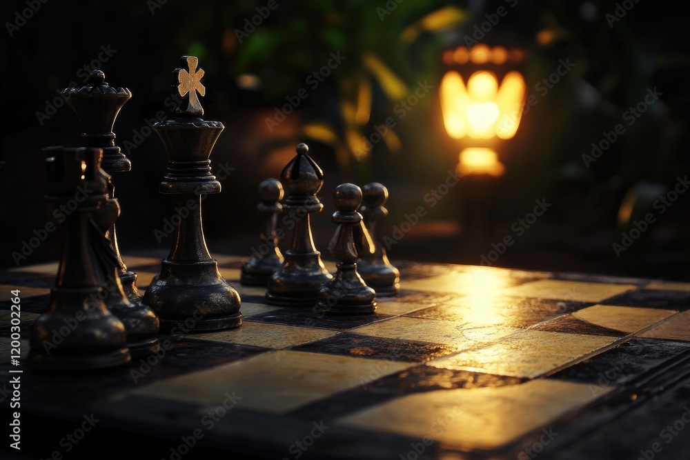 Poster Intense chess match illuminated by soft lantern glow at dusk in a tranquil garden setting. Generative AI