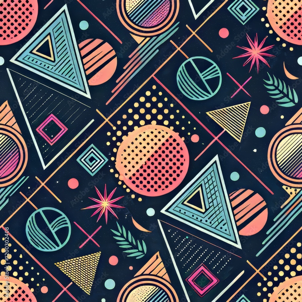 Poster vibrant geometric patterns with retro abstract shapes on dark background