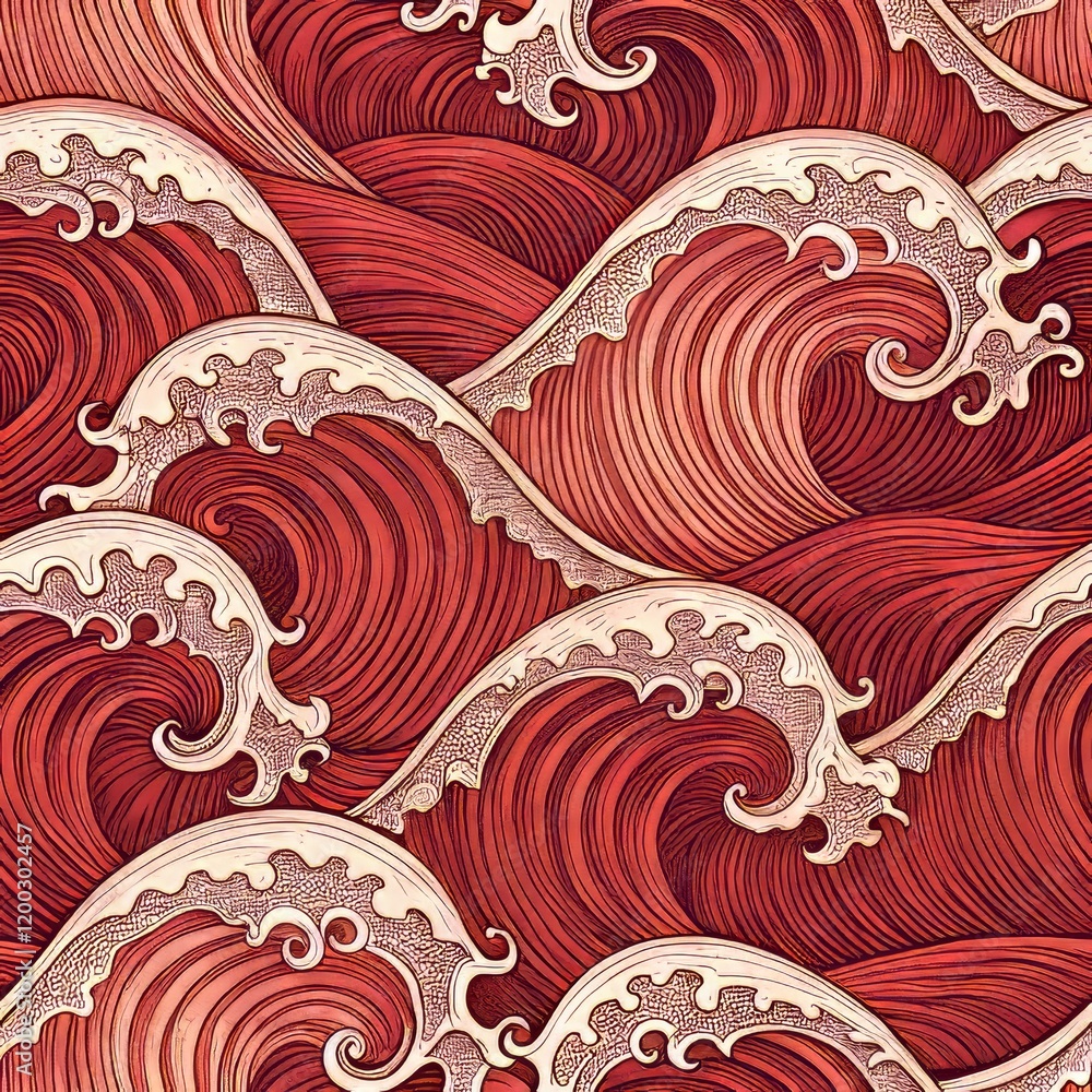 Poster Abstract red waves with intricate patterns and cream accents