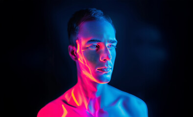 Generated image of young man with red and blue toned face scanned by thermometer in the dark shadow