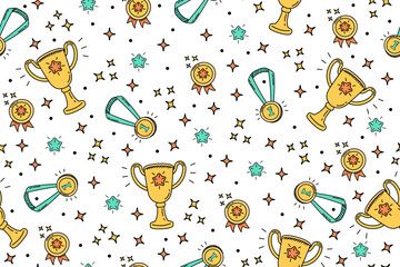 Seamless doodle pattern with medals and winner cups. Children's background for diplomas and sports certificates