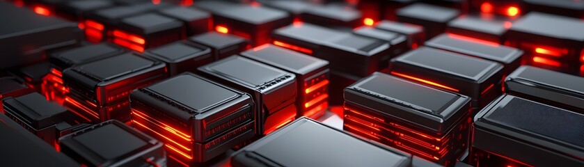 Obraz premium Abstract close-up of black cubes with red glowing edges, representing digital innovation.