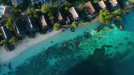 Aerial View of Tropical Beach Houses and Calm Ocean Water with Boats