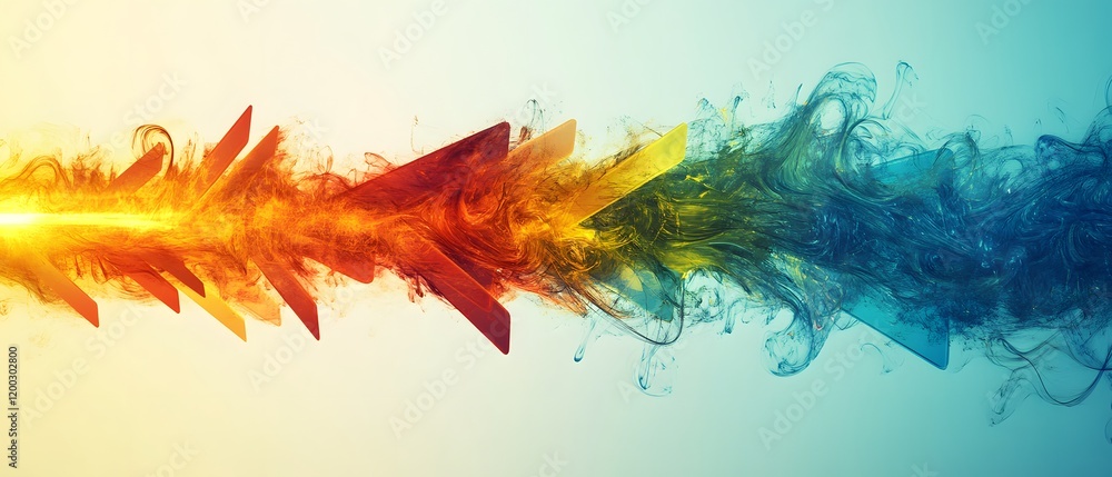 Poster an abstract display of colorful smoke and arrows that symbolize creativity, direction, and dynamic m