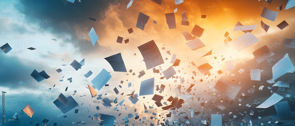 Poster An abstract representation of digital transformation, featuring floating paper sheets against a dynamic backdrop of orange and blue, symbolizing change and innovation.