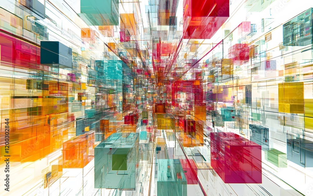 Poster an abstract representation of technology featuring vibrant cubes in a 3d space, illustrating digital