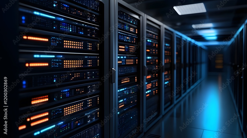 Poster an advanced data center featuring rows of powerful servers with bright led indicators. this environm