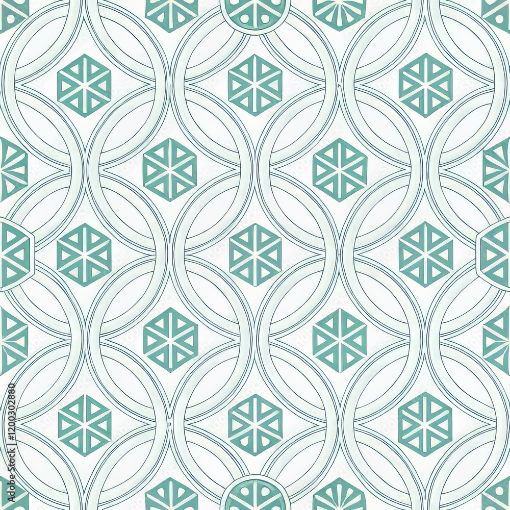 Poster geometric pattern with abstract circular and star motifs in subtle green