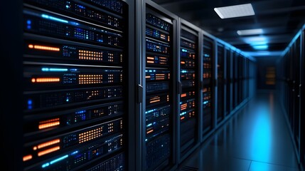 An advanced data center featuring rows of powerful servers with bright LED indicators. This environment represents cutting-edge technology and modern computing systems.