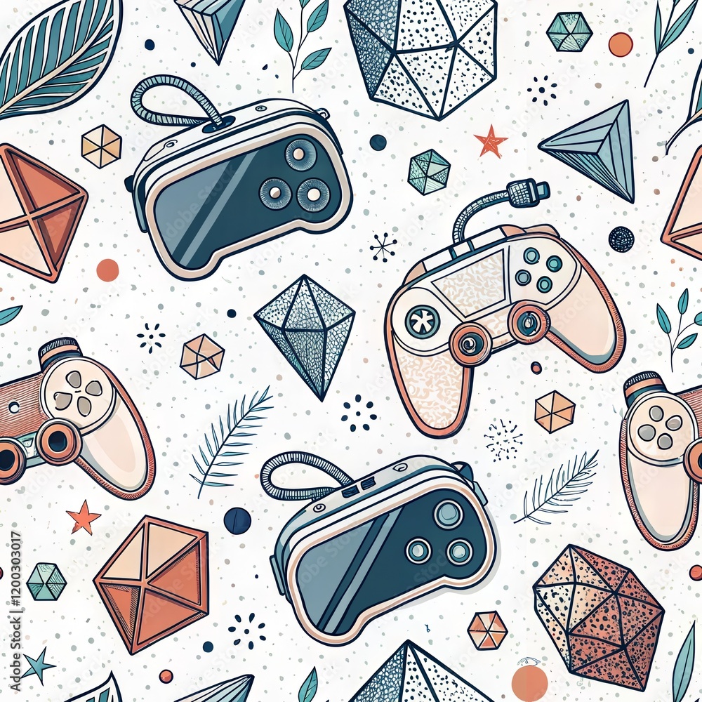 Poster colorful retro game controllers and geometric shapes pattern