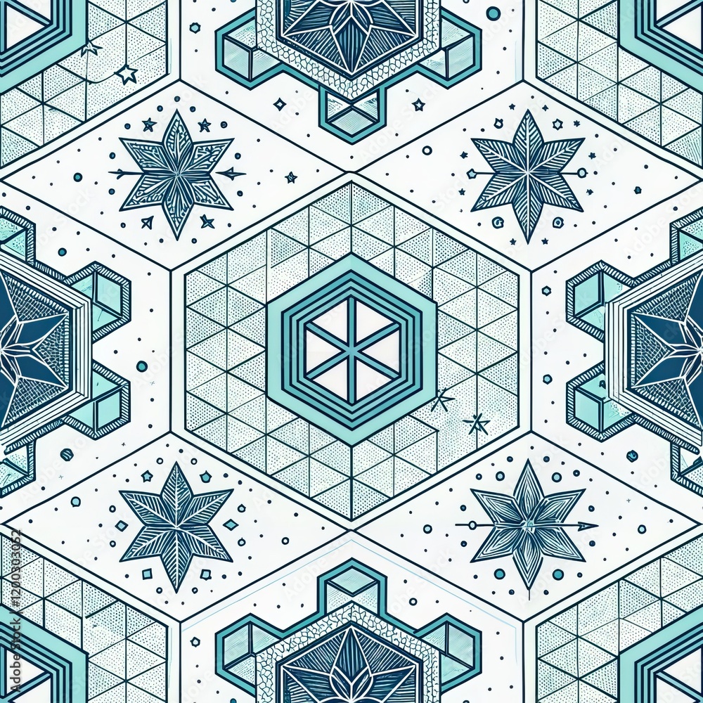 Poster geometric hexagonal pattern with blue snowflakes and stars on light background