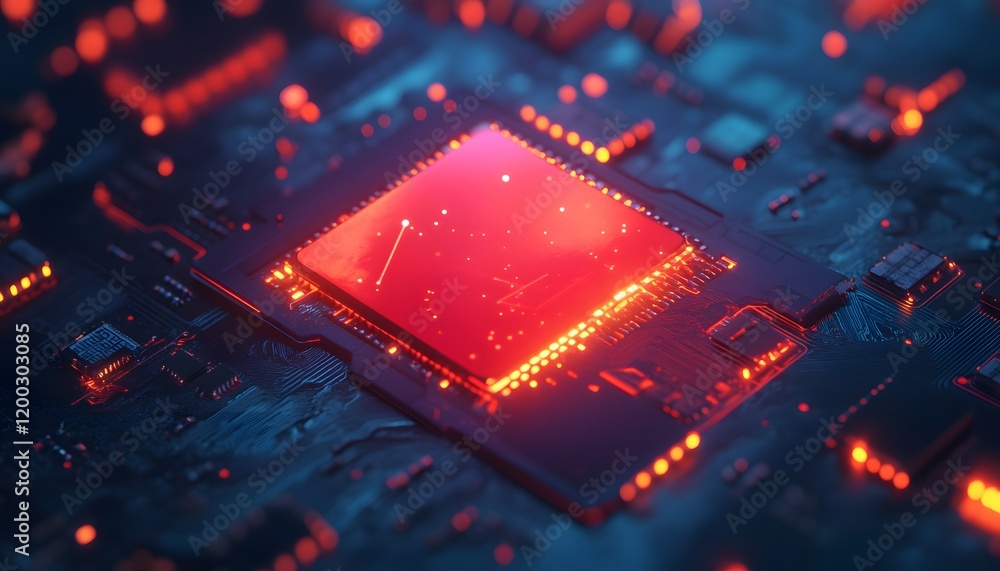 Poster close-up view of a vibrant microchip illuminated in red and orange hues.