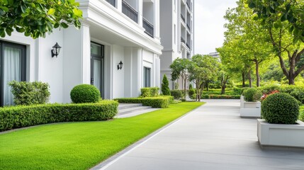 Lush Green Garden Pathway with Modern Architecture and Elegant Landscaping in a Residential Area