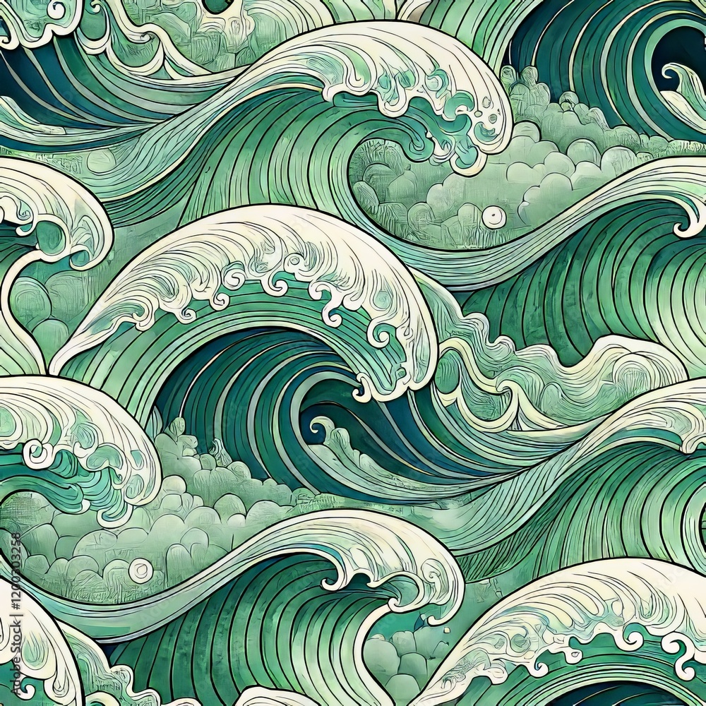 Poster dynamic green waves seamless pattern with abstract ocean swirls