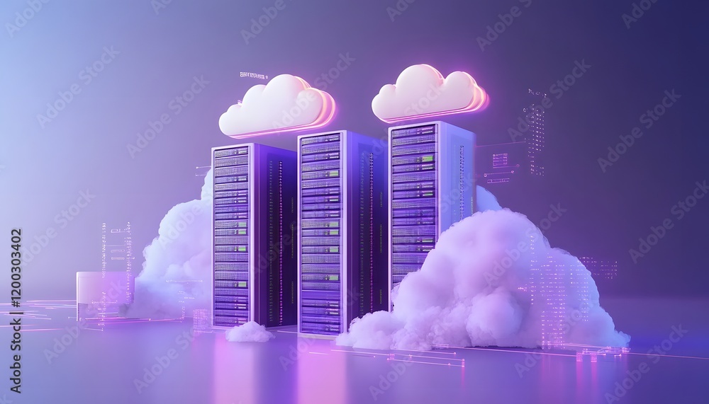 Poster futuristic data center with server stacks surrounded by colorful clouds. represents cloud computing,